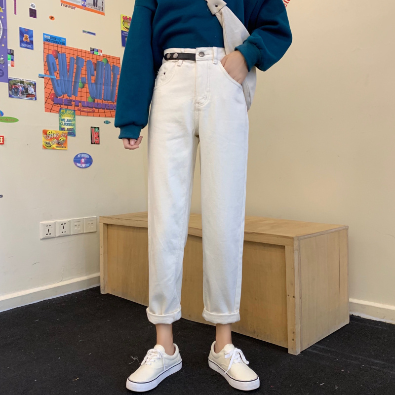 

2020 high waist baggy all - around thin elastic waist with velvet thickened jeans, As pic