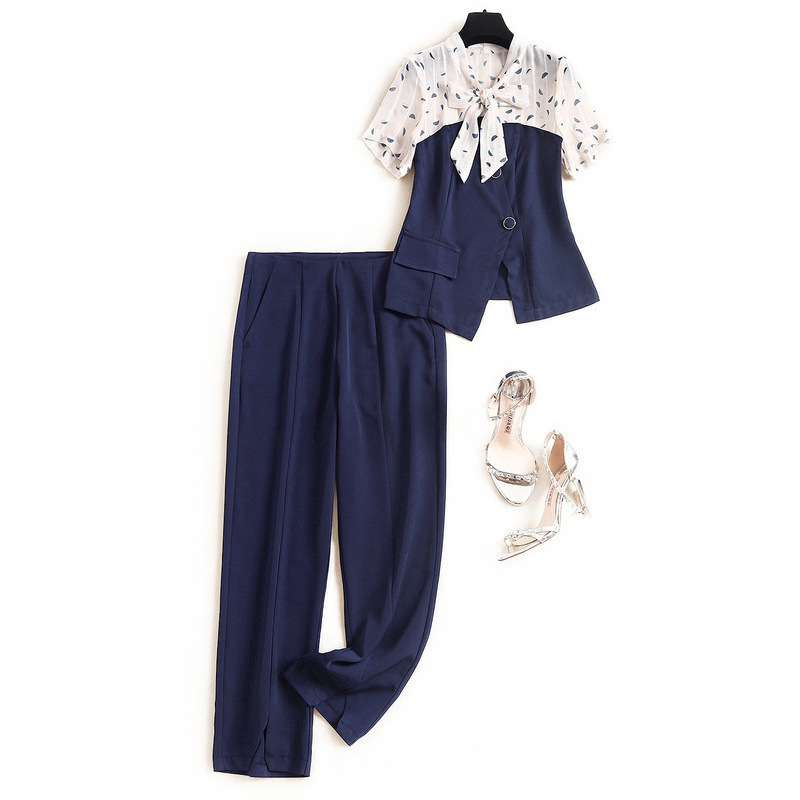 

Women pants and tops set summer 2020 patchwork short sleeve bow collar shirts and long pant suit office elegant two piece outfit, See chart
