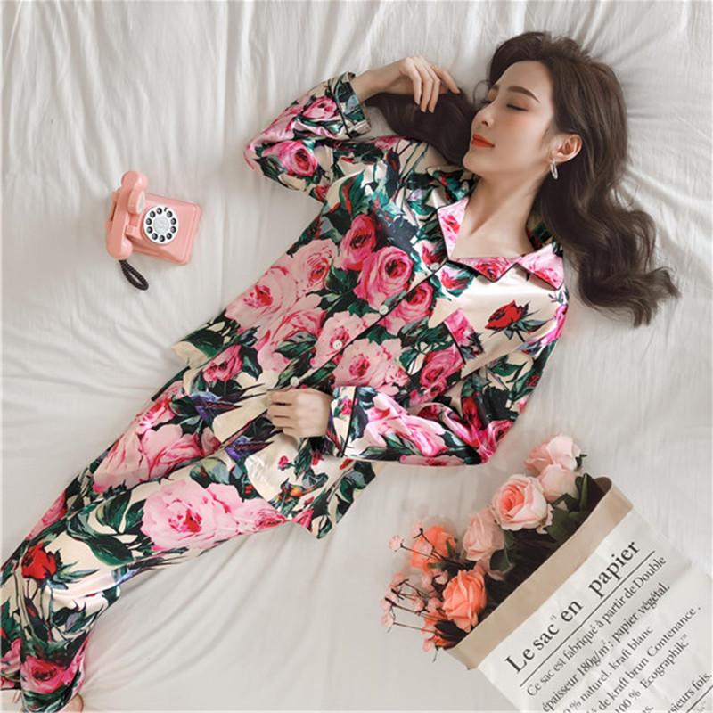 

JULY'S SONG Women Pajamas Faux Silk Sleepwear Satin Pajamas Set Flower Print Long Sleeves 2 Piece Autumn Winter Homewear