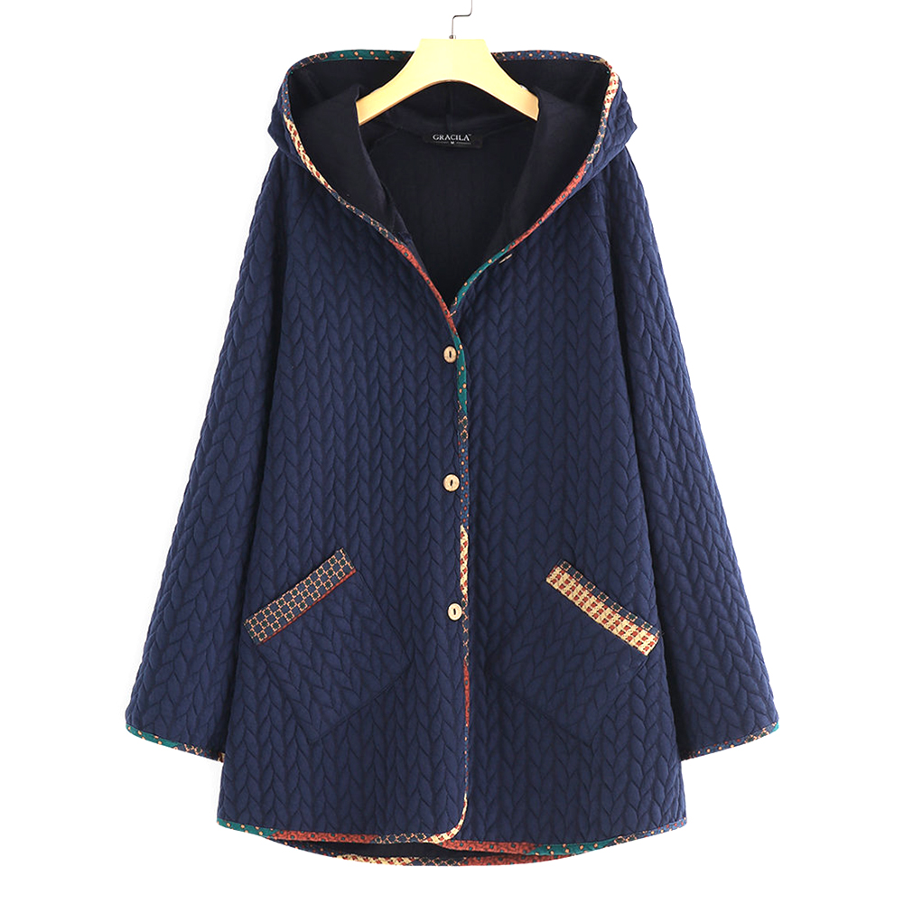 

Solid Charming Two Pockets Women Coat Warm Button Winter Cotton Padded Autumn Long Sleeve Loose Daily Hooded Casual, Grey