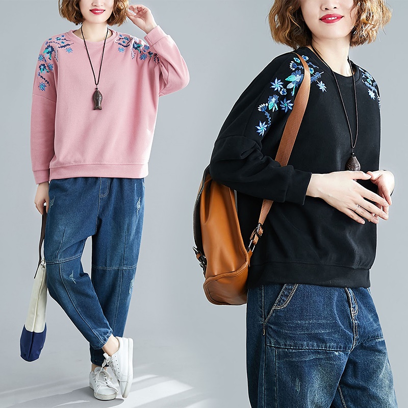 

Autumn New Chinese Style Thickened Pullover Sweater Embroidery Cotton Loose Casual Tops Casual High Quality Warm Winter TA2167