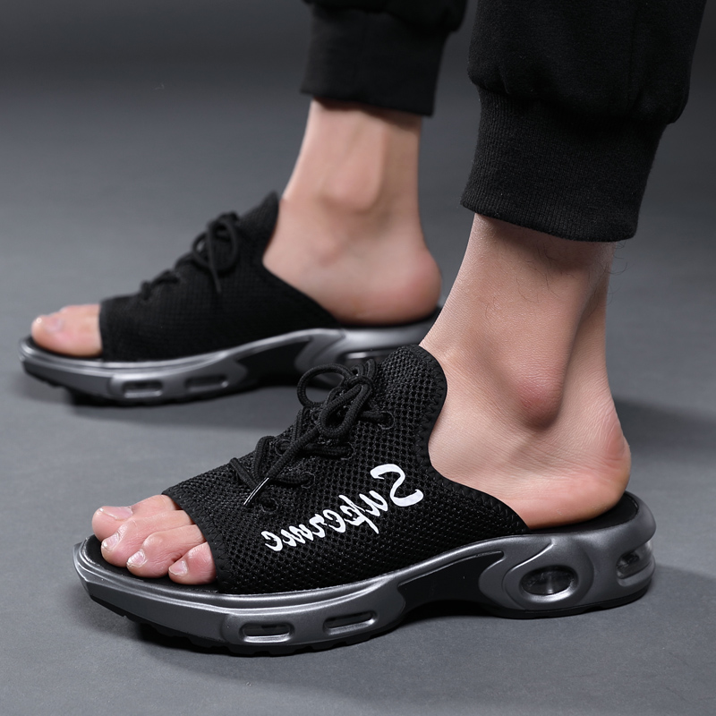 

Hot Sale-cushion slippers Men vacation wearproof antiskid slipper with soft sole mesh slipper hollow shoes for summer lace up slippers zy409, Black