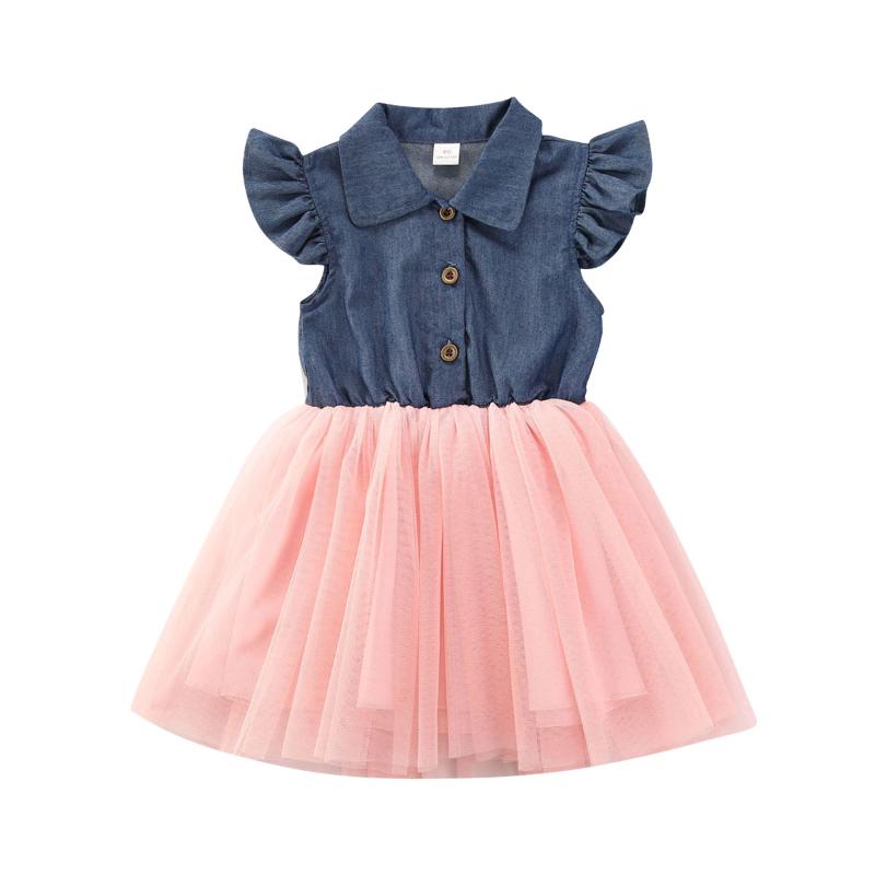 

Toddler Girls Denim Dress Lapel Sleeveless Chiffon Stitching Buttons Tutu Tulle Skirt Birthday Party Casual Dress, Green