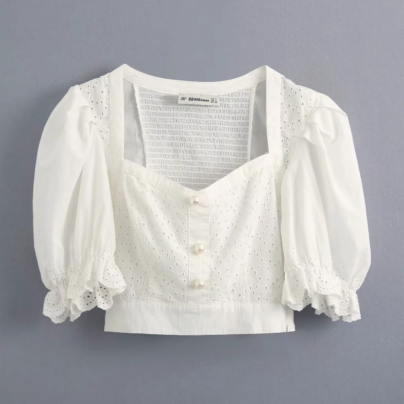 

New 2020 Women Hollow Out Lace Embroidery Patchwork Casual Slim White Blouse Ladies Back Elastic Shirts Chic Blusas Tops, As picture