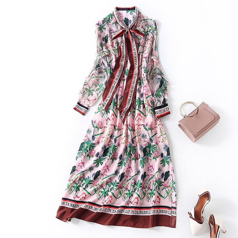 

New Lace up collar silk floral dress new boutique women  mid length dress, Green