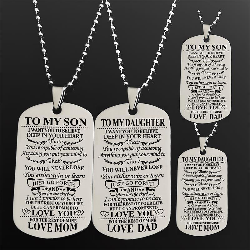 Collier pendentifs carrés à notre fils/fille lettres licence militaire pendentifs collier hommes bijoux cadeaux
