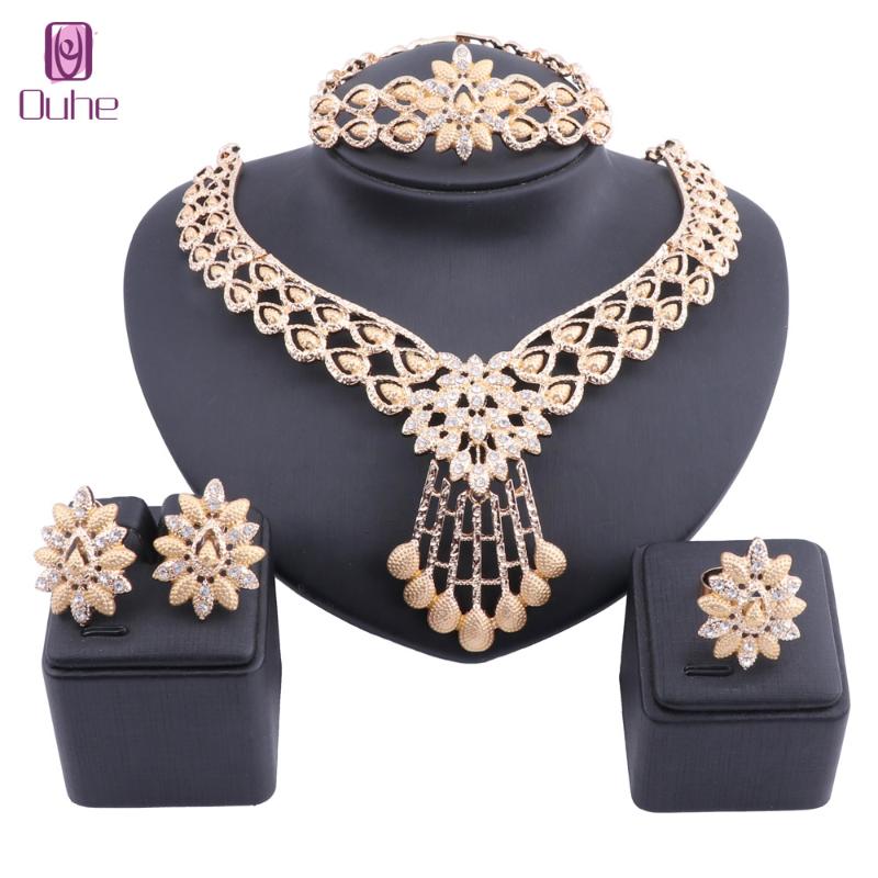 

Dubai Wedding Bridal Crystal Jewelry Sets For Women Necklace Bangle Earring Ring Gold Color African Beads Statement Accessories