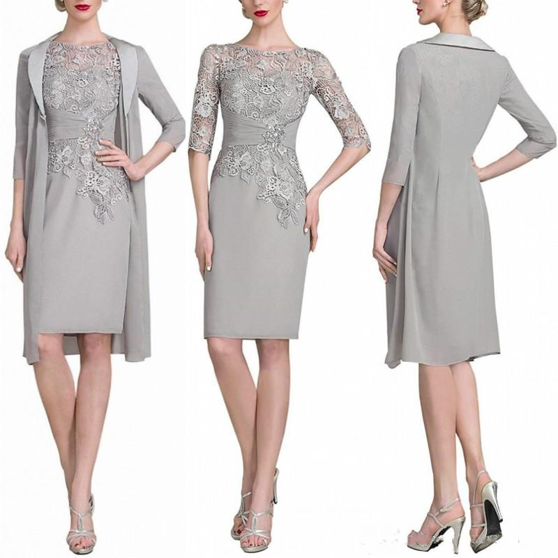 

Silver 2020 New Chiffon Lace 2 Pieces Knee-Length Mother Of The Bride Dress With Jacket Plus Size Custom Made Elegant Mother Dress
