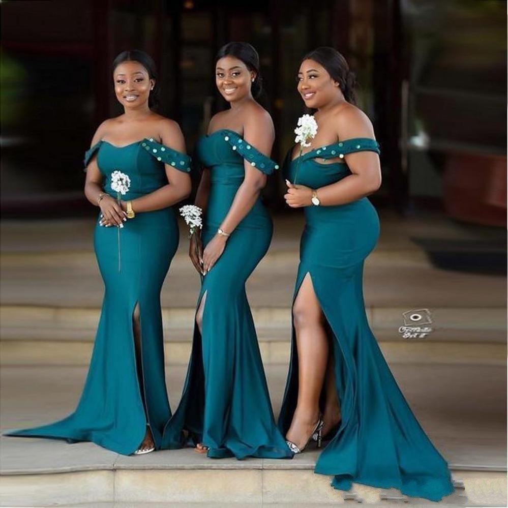 

2020 Charming African Teal Mermaid Bridesmaid Dresses Off Shoulder Side Split Sequined Beads Plus Size Country Garden Wedding Guest Gowns