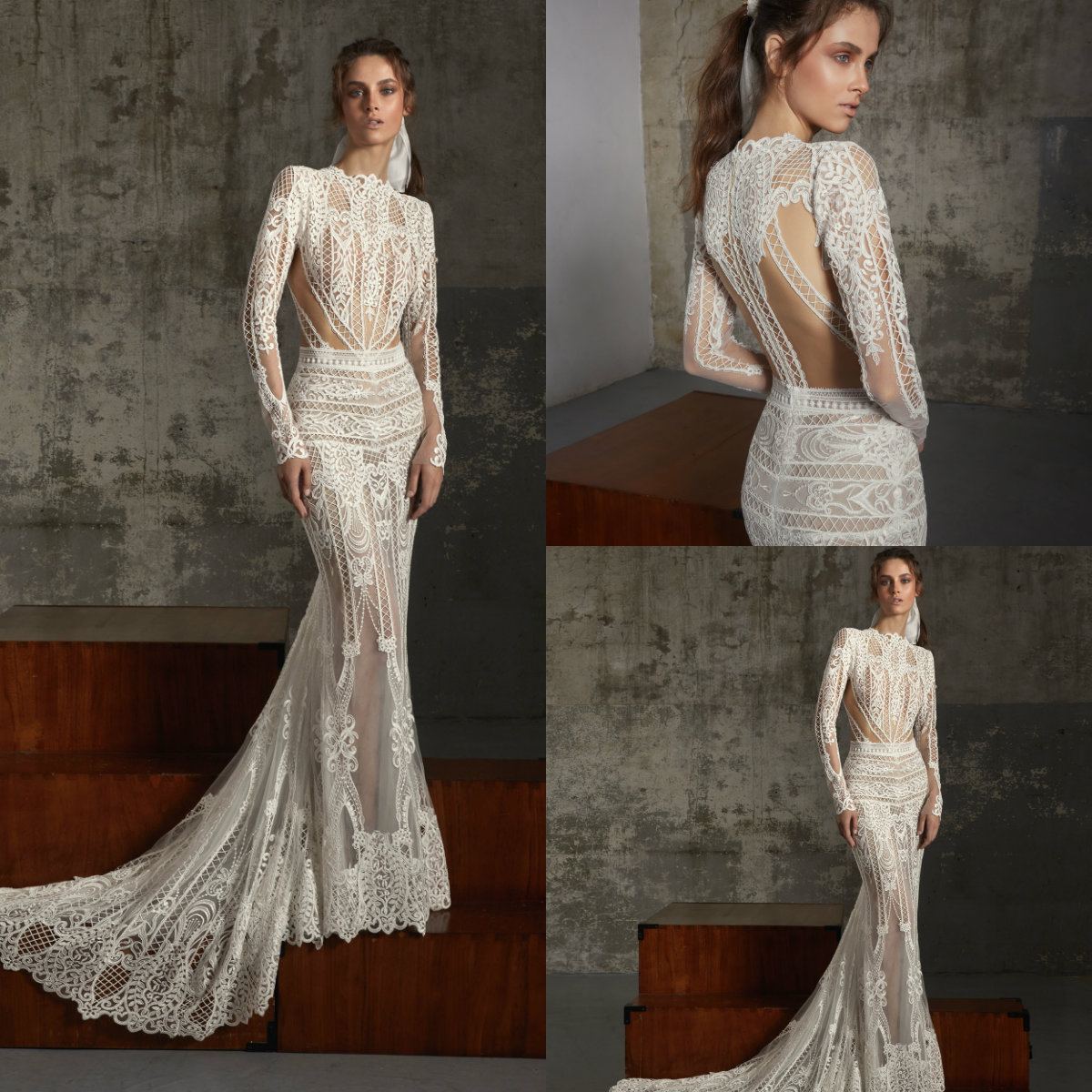 

Lior Charchy Mermaid Wedding Dresses Jewel Neck Long Sleeve Lace Appliques Country Bridal Gowns Sweep Train Illusion Beach Wedding Dress, Custom made from color chart