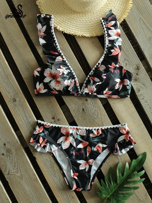 

Sexy Bikinis Women Swimsuit 2020 Ruffle Biquini Set Leaves Printed Bathing Suits Beachwear Brazilian Swimwear