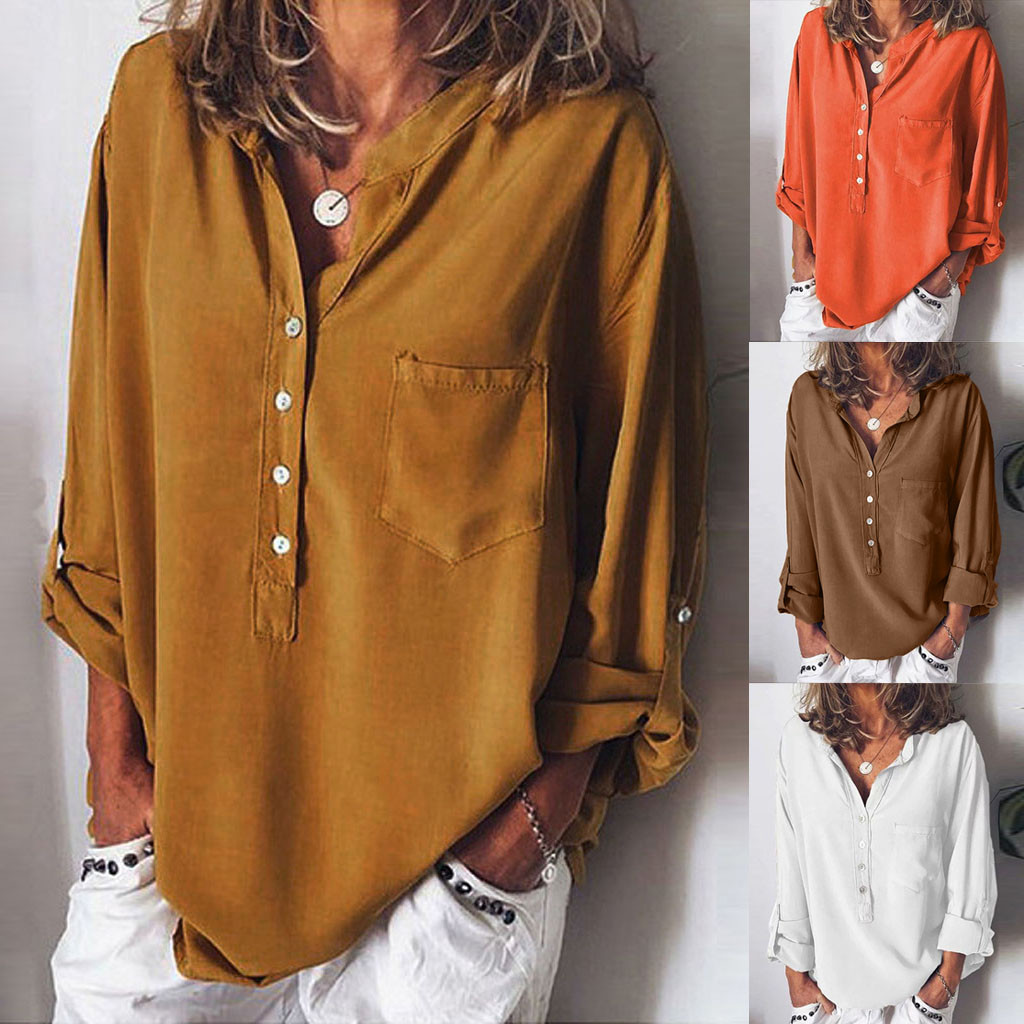 

Women Summer Casual V Neck Button Long Sleeve Solid Color Fit Loose Wild Tops, White