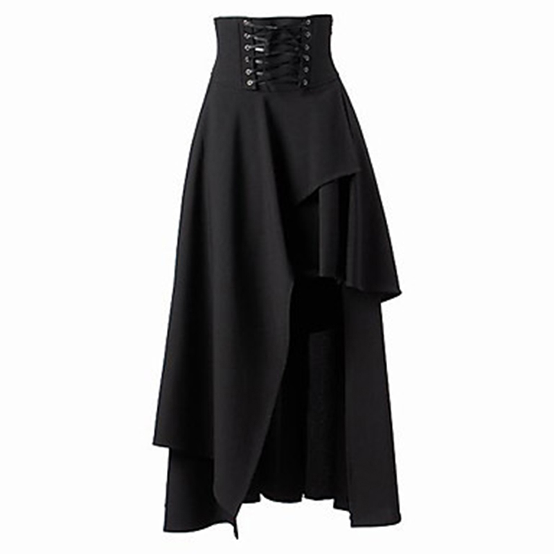 

Women' Long Skirt Punk Rock Retro Clothing Gypsy Solid Colors Black Skirt Female Irregular Lace-Up Black New, As pic