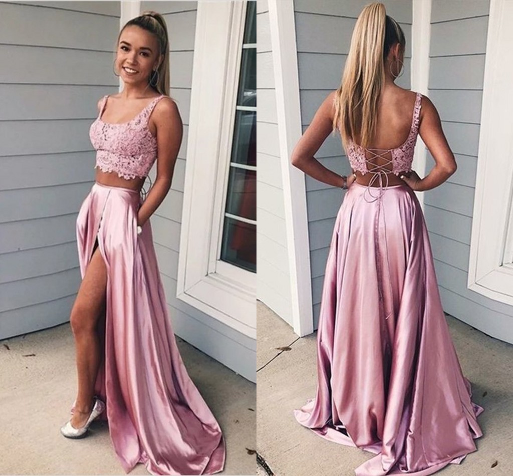 

Rose Gold 2 Piece Prom Dresses Long Side Split Lace Satin Spaghetti Lace-up Evening Gowns Formal Dress vestido de novia Special Occasion, Champagne