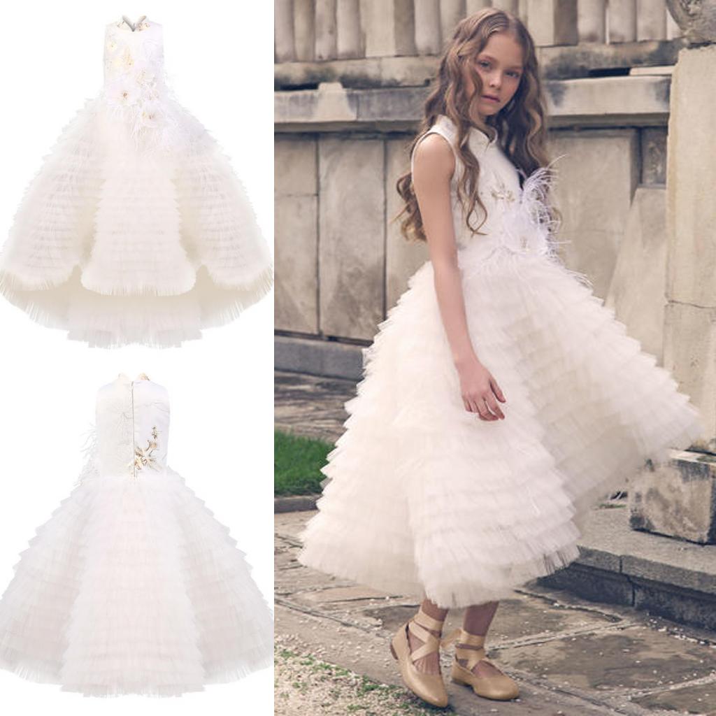 

2019 High Low A Line Flower Girl Dresses Lace Feather Ruffles V Neck Girls Birthday Party Pageant Dresses Custom Made Kids Wedding Gowns, Hunter