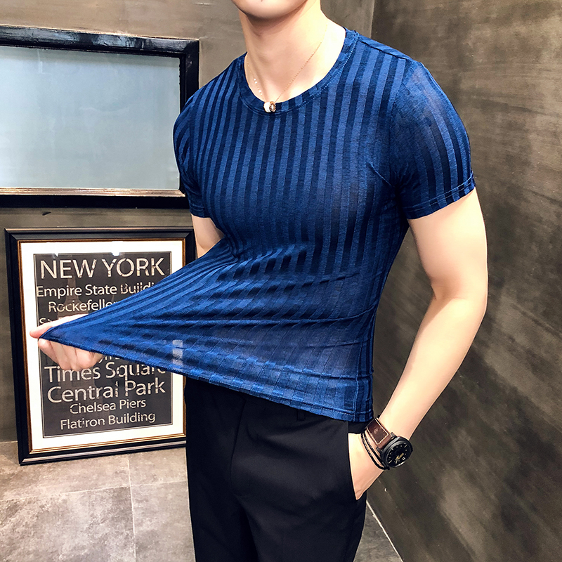 

New summer men' T-shirt Korean Slim trend round neck half-sleeved shirt solid color bottoming shirt striped T-shirt, Gray