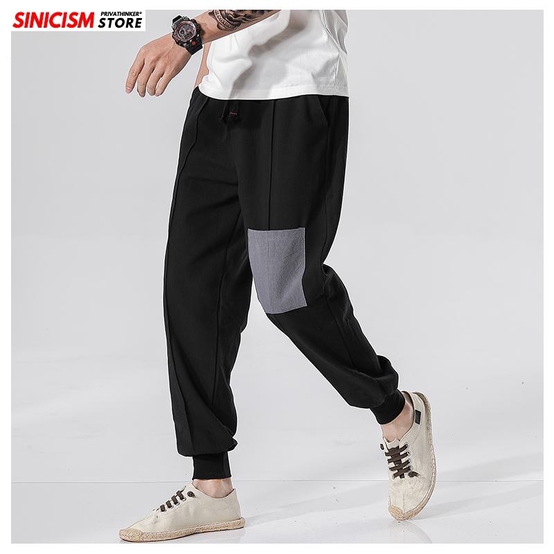 

Sinicism Store Men Patchwork Summer Loose Pants Mens 2020 Cotton Linen Loose Trousers Male Oversize Chinese Style Harem Pants, Black