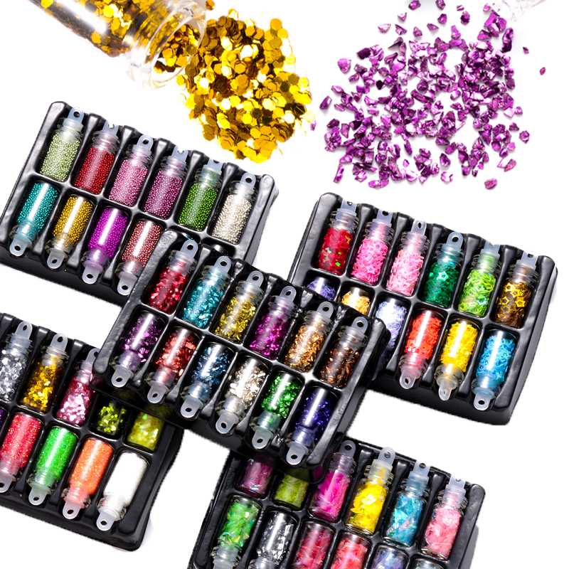 

12 box/set Nail Rhinestones Sequins 3D Gel Polish Glitter Holographic Manicure Stone Beads For Nail Art Decorations