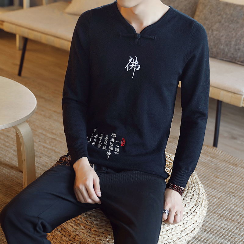 

Chinese style Buddha embroidery Pull Homme Pullover Men spring autumn Casual sweater knit leisure Jersey Hombre Cotton v-neck, Black