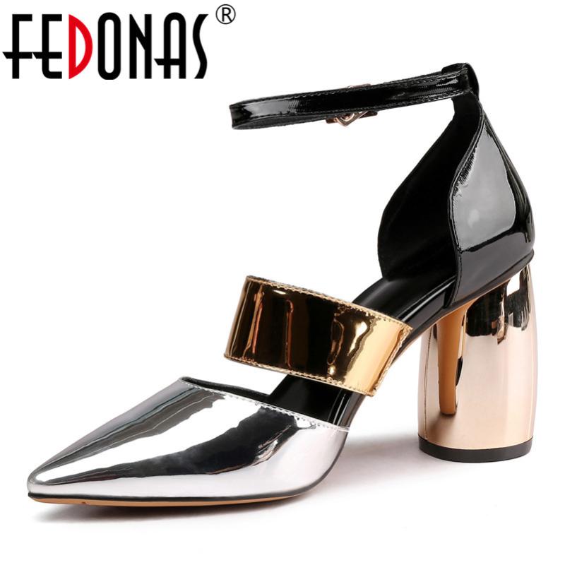 

FEDONAS Fashion Patent Leather Women Pumps 2020 Summer New Sandals Pointed Toe High Heels Night Club Shoes Woman Party Shoes, Black