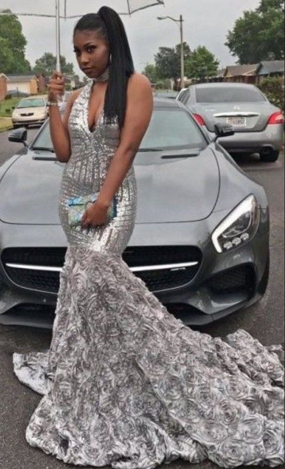 

Glitter Sliver South African Prom Evening Dresses Mermaid Sequined 3D Floral Flowers V neck Open back bridesmaid Party Pageant Formal Gowns, Customize