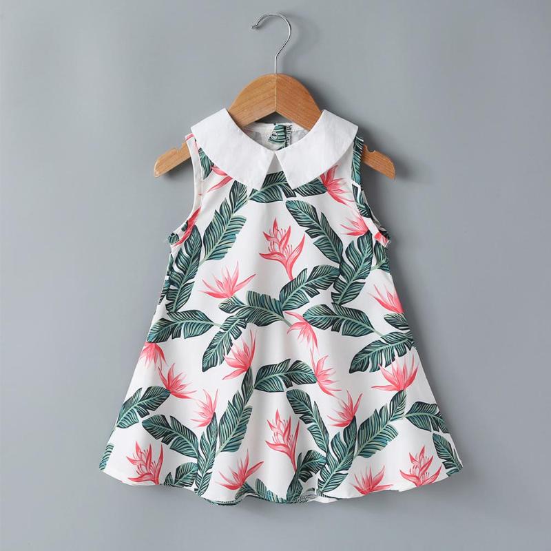 

PatPat 2020 New Summer Spring Baby Toddler Girl Summer Leaf Print Doll Collar Dress Baby & Toddler Girl Sleeveless Dresses, Green