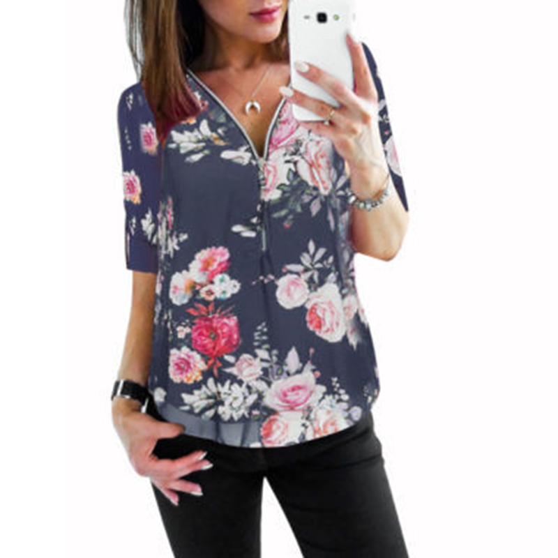 

Autumn Summer Women Tops Casual Long Sleeve Floral Print V-Neck Blouse Loose Plus Size Zipper Chiffon Blouse Shirts WS9487V, Black