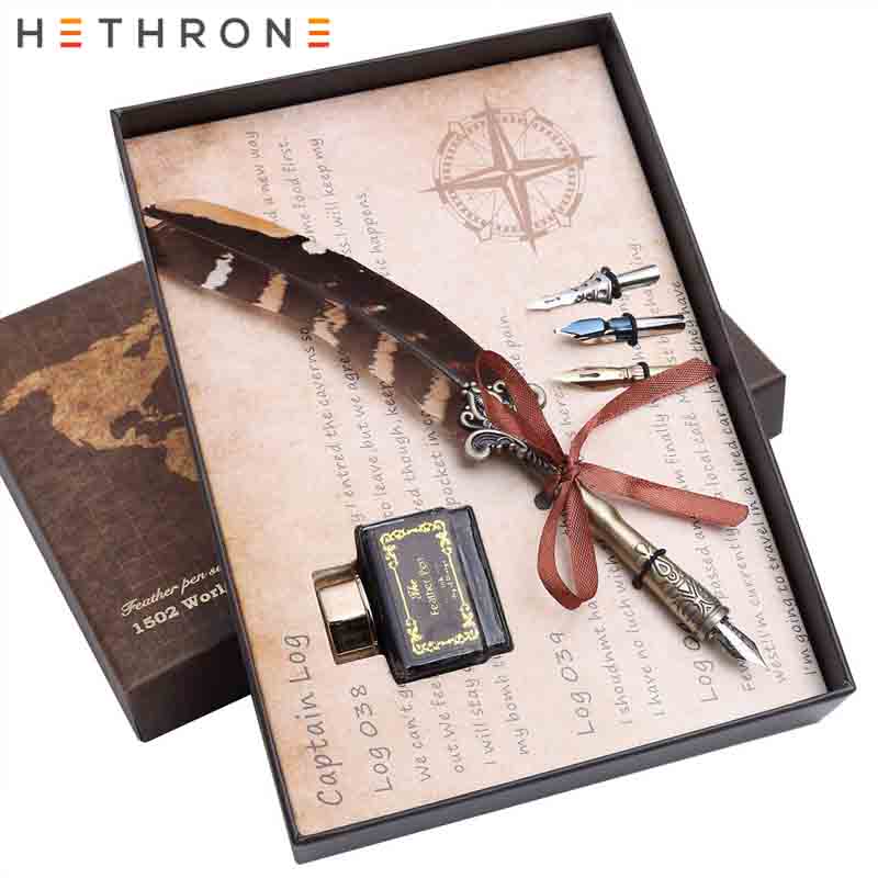 

Hethrone high quality ink Calligrap Fountain Pen Vintage feather magic gift Dip Water pen for english Writing metal FountainPen, Red