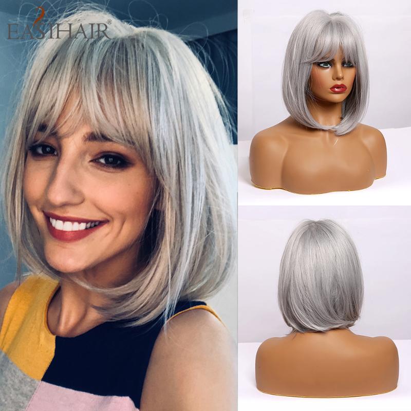

EASIHAIR Short Straight Silver Gray Hair Wigs Bob Hairstyle With Side Bang Cosplay Lolita Heat Resistant Synthetic Wig for Women, Ss145-2