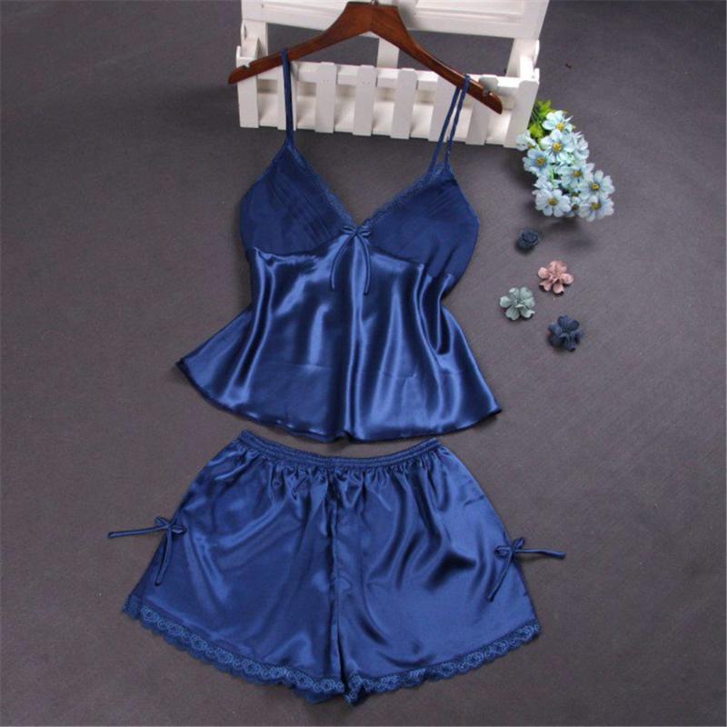 

7 Colors Satin Women's Pajamas Sets Fashion Women Cami Tops And Shorts 2 Piece Set 2018 Casual Sleeveless Vintage Sleepwear P01