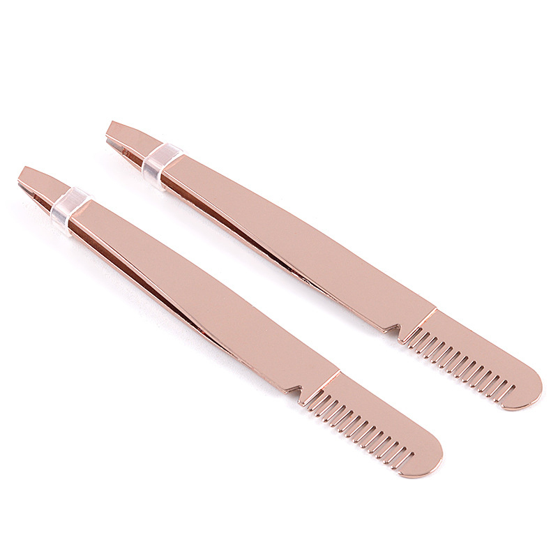 

High quality Steel Slanted Tip Eyebrow Tweezers with brow comb Rose gold Face Hair Removal Clip Brow Trimmer Makeup Tool Accept logo print