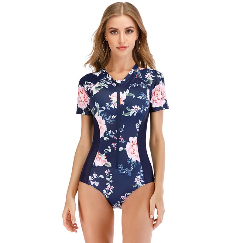 

2020 Diving One Piece Swimsuit Print Short Sleeve Women Sport Swimwear Bathing Suit Rash Guard Surfing Suit Rashguard plus size