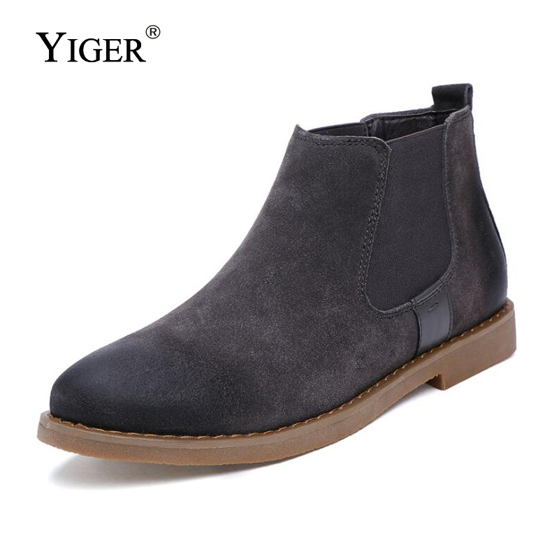 

YIGER New Man Ankle Boots Boots Genuine Leather Sewing Man shoes Casual Black/Brown/Gary 0097, Black boots