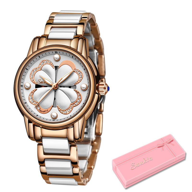 

SUNKTA Brand Fashion Luxury Women's Watch Stainless Steel Ceramic Strap Women's Bracelet Watch Casual Quartz Clock Zegarek Damsk LY191226, Ssilver white