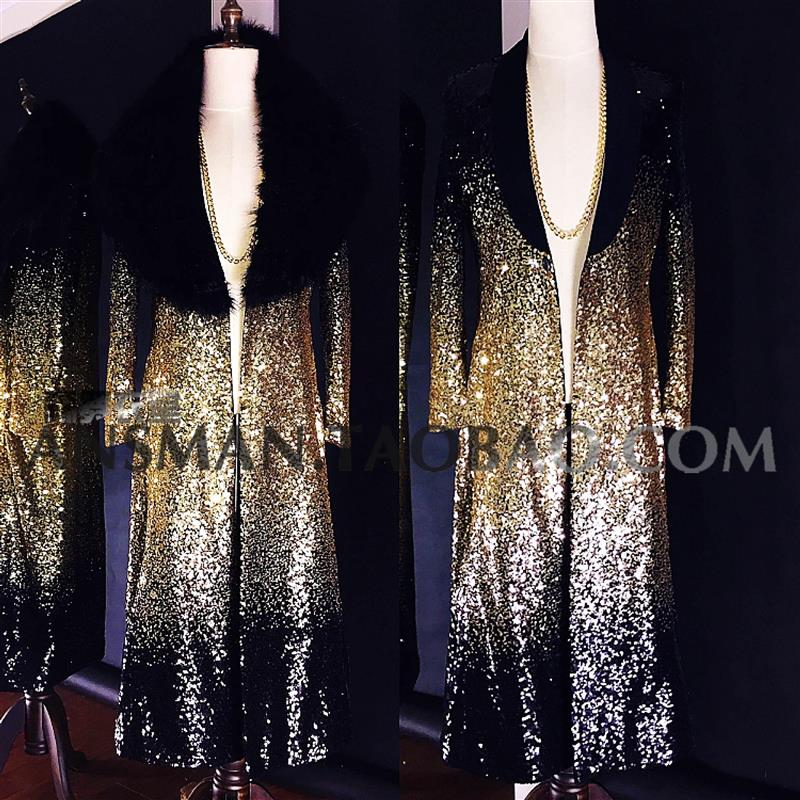 

Men's Suits & Blazers Male Singer DJ Nightclub Bar Embroidered Black Gold Sequins Gradient Long Fur Overcoat Punk Stage Performance Blazer