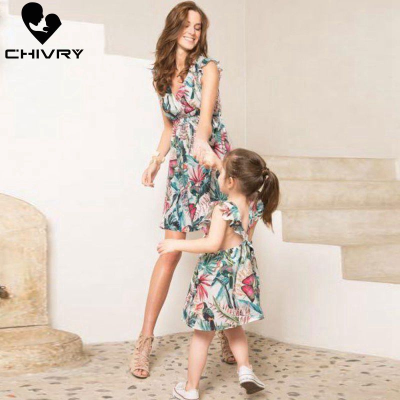

Chivry Mother Daughter Dresses Sleeveless Patchwork Floral Ruffles V-neck Dress Mom and Daughter Dress Family Matching Clothes, As picture