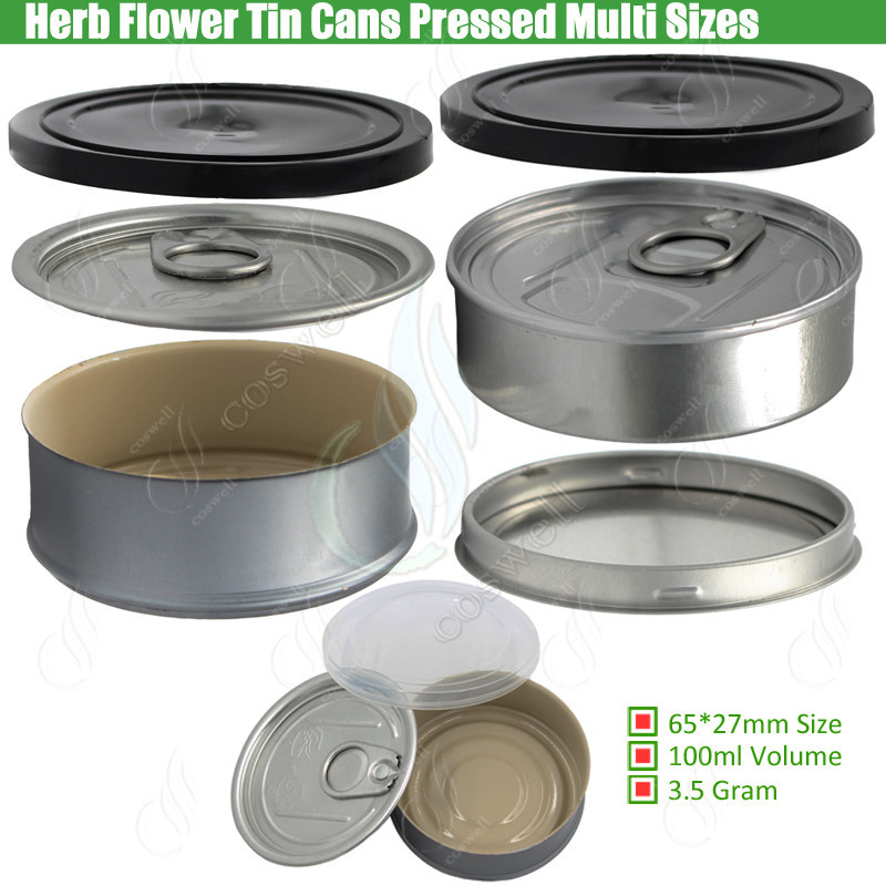 

Empty Dry Herb Flower Tin Cans Pre Sealed Sealing Lid Cover Pressed Cap Bottom Custom Label as Smartbud Smart BUD Carts Organic Cali Diamond
