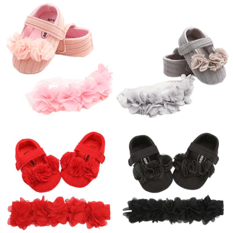 

Baby Girls Sweet Princess Shoes Summer Autumn Newborn Infant Casual Prewalker with Flower Headwear, Black