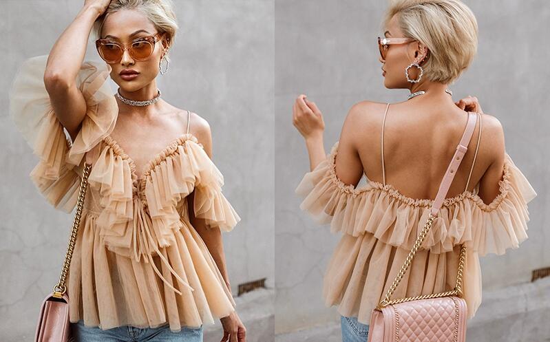 

Pleated ruffle vintage peplum blouse top Women off shoulder mesh blouse shirt summer 2018 Sexy sleeveless shirt blusas, Nude