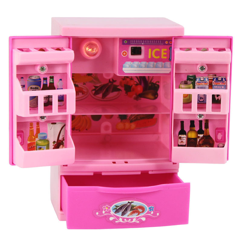 RHNE Simulation Double-Porte Amusant réfrigérateur Cuisine Jouet Intelligent Meubles pour Enfants avec Cuisine Jouet Ensemble Accessoires Rose