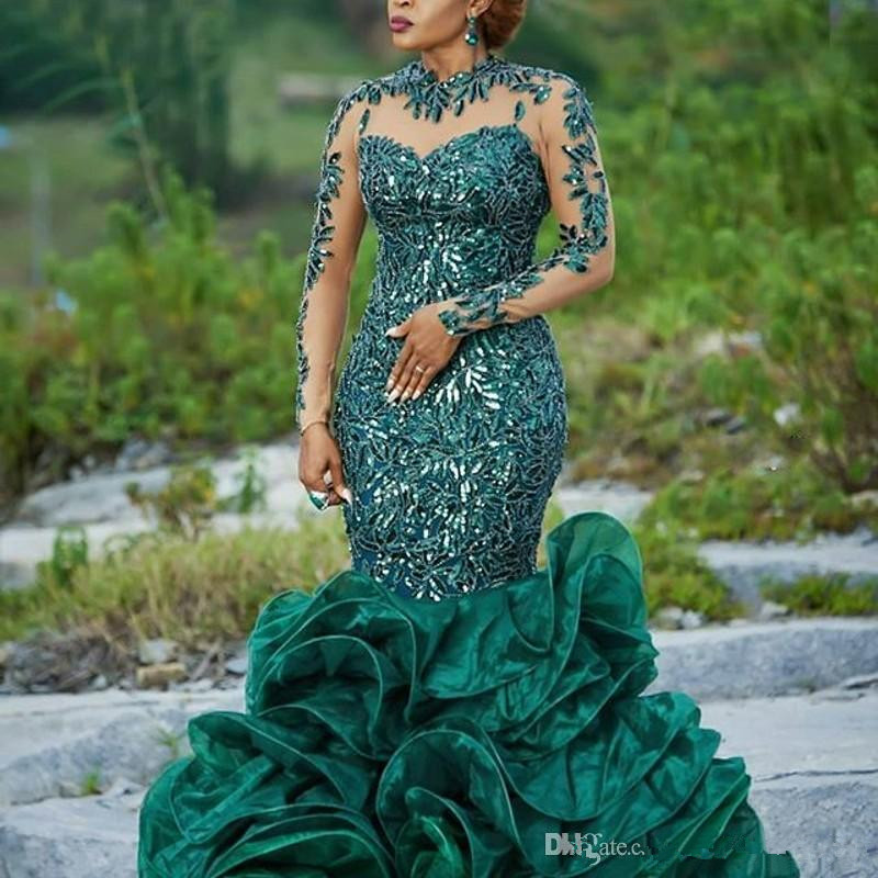 

Dark Green Long Sleeve Mermaid Africa Evening Dresses Sequins Lace Ruffle Formal Evening Gowns Sheer Neck Zipper Back Prom Dress, Brown