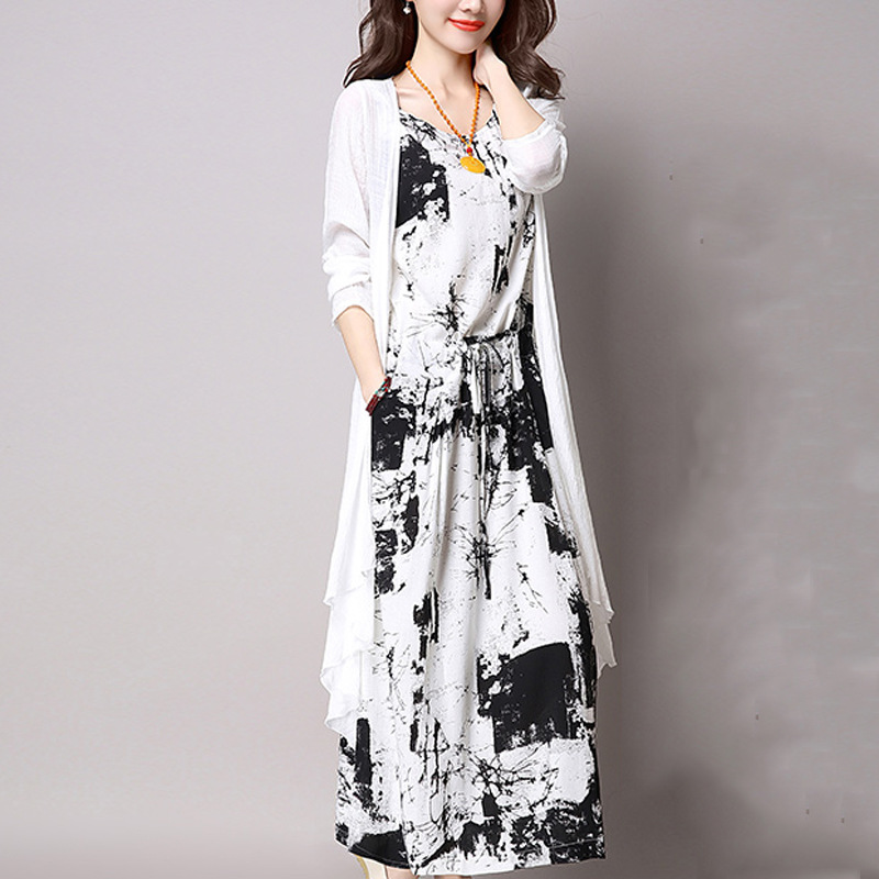 

Summer Casual Women 2 Piece Dress and Long Cardigan Set Fashion Vintage Outfits Female Clothing Plus Size Vestidos Oversize, Blue
