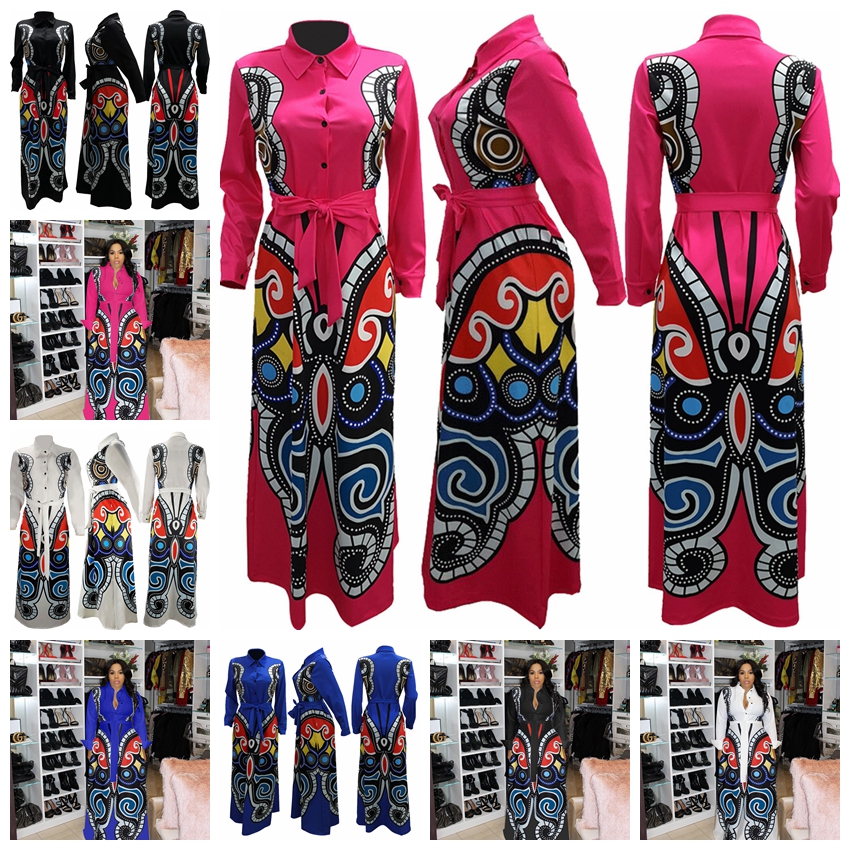 

European Dresses printing lapel long sleeve Slim single-breasted belt butterfly sexy dress, support mixed batch