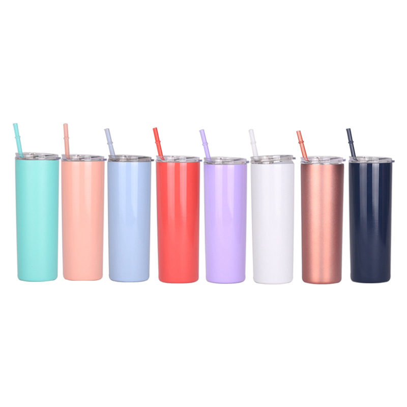 

20oz skinny tumblers stainless steel beer mug insulated coffee mug vacuum double wall wine tumbler travel mug with colored straw A03, Customize