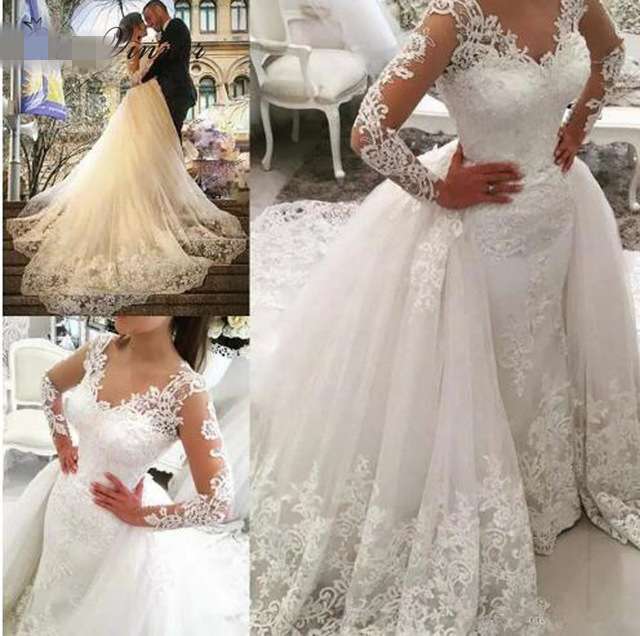 

Dubai Lace Mermaid Wedding Dress With Detachable Train 2019 Wedding Dresses Long Sleeve Beaded Embroidery Appliques Wedding Gown, Ivory