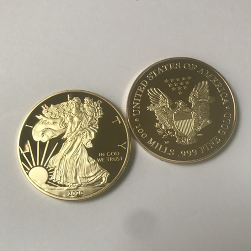 

100 pcs freedom eagle badge 24k gold plated 40 mm commemorative coin american statue liberty souvenir drop acceptable coins