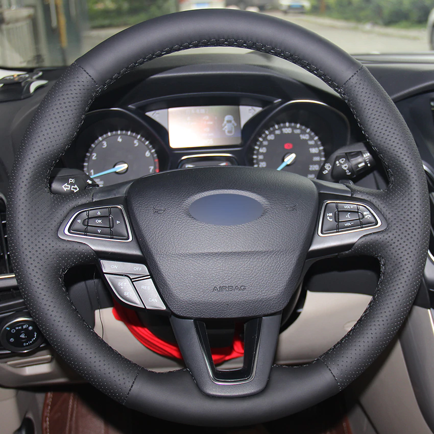 Couvre volant de voiture en cuir noir naturel pour Ford Focus 3 2015-2018 Kuga 2016-2018 Escape 2016-2018