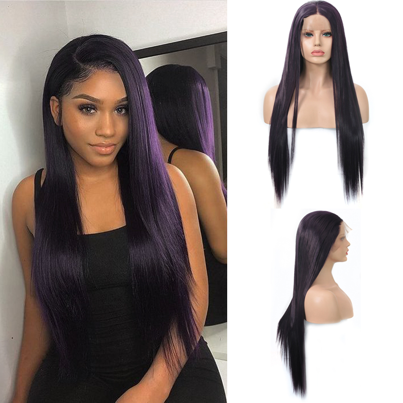 

Charisma Long Straight Wig Heat Resistant Fiber Hair Wigs Synthetic Lace Front Wig Dark Purple Wigs for Women With Baby Hair, As pic