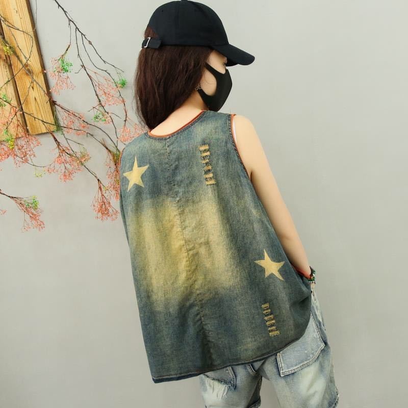 

Summer Women Casual Baggy Denim Patchwork Tank Top Pocket Hole Ripped Streetwear Loose Fit T-shirt Cotton Sleeveless Tees Tops, Orange