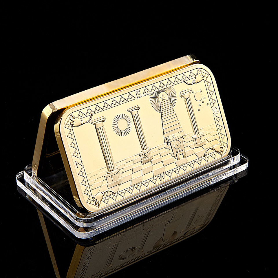 Freemason Masonic Challenge Coin Craft Golden Bar 999 Fine Gold Clad 3D Design With Case Cover Collectibles Bullion-image-525519011